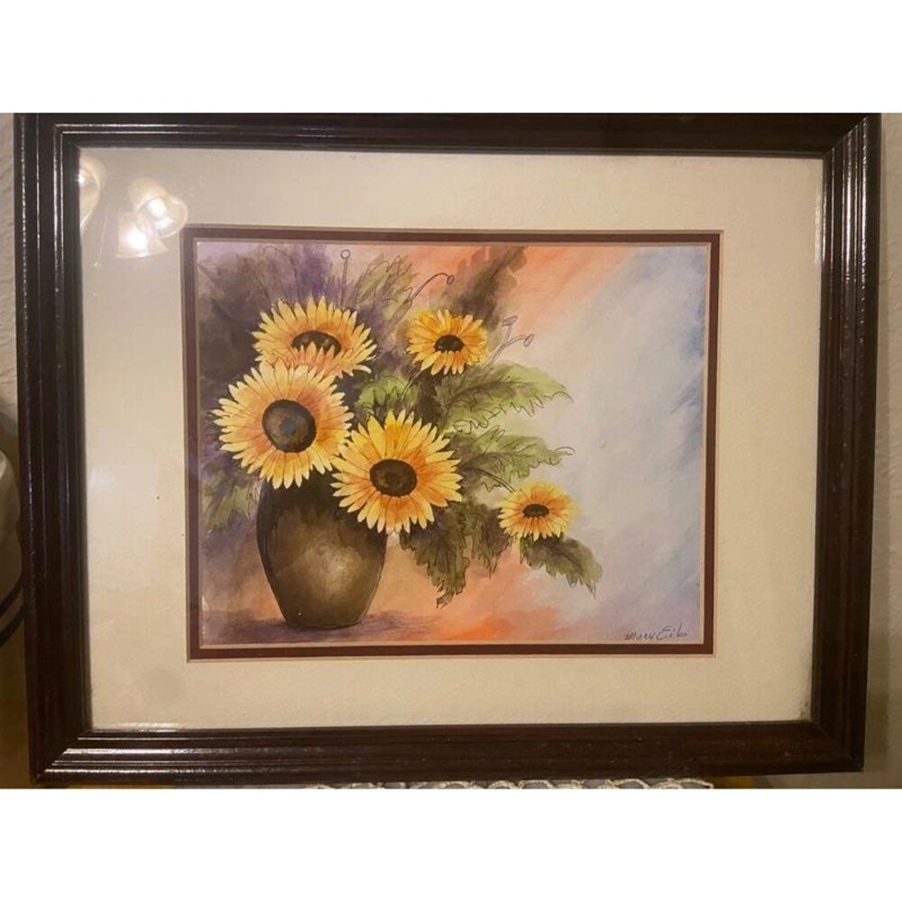 Vintage Mary Eib Signed Floral Watercolor Painting - "Sunflowers in Vase" Framed